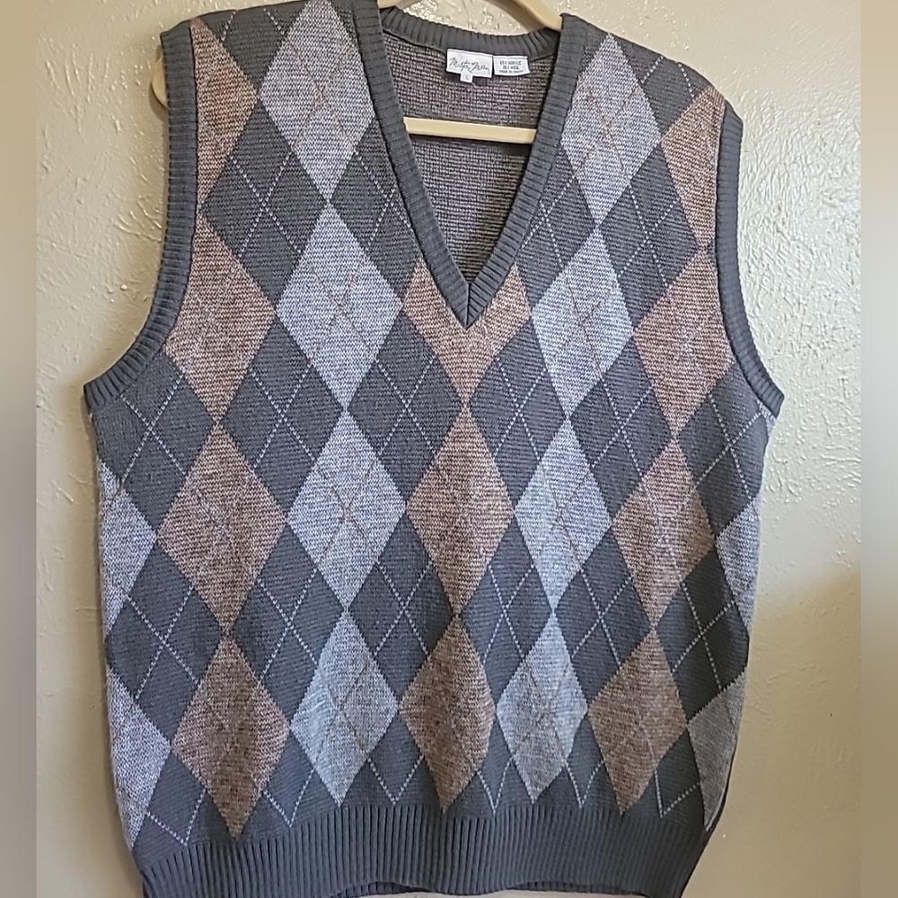 Mister Man Grandpa Sweater Vest‎ Men's Size L Grey Argyle Pattern V-Neck Wool